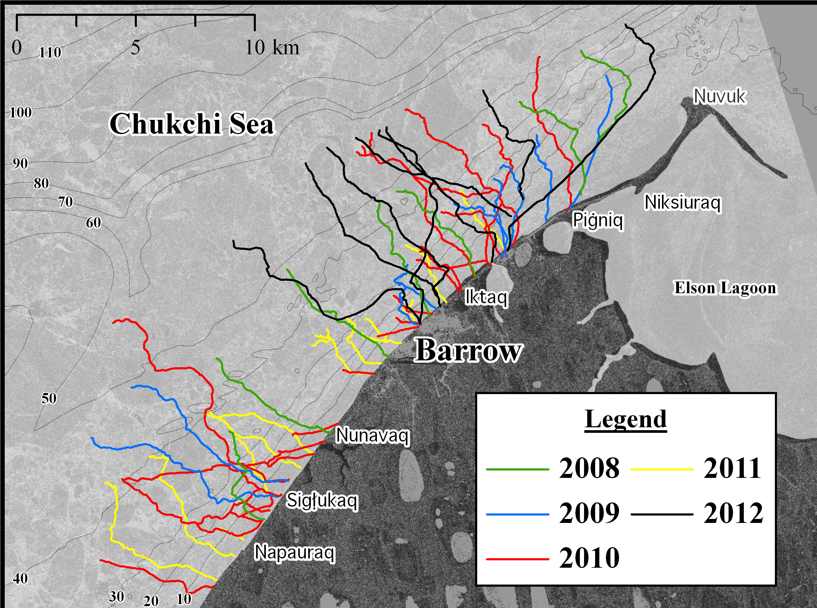 Map of Barrow Sea Ice Trails 2008 - 2012